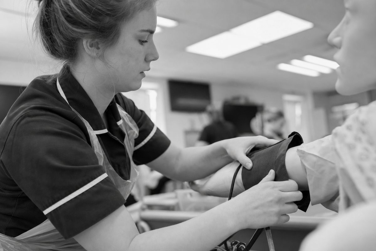 A trainee nurse in scrubs reviewing patient notes in a clinical setting