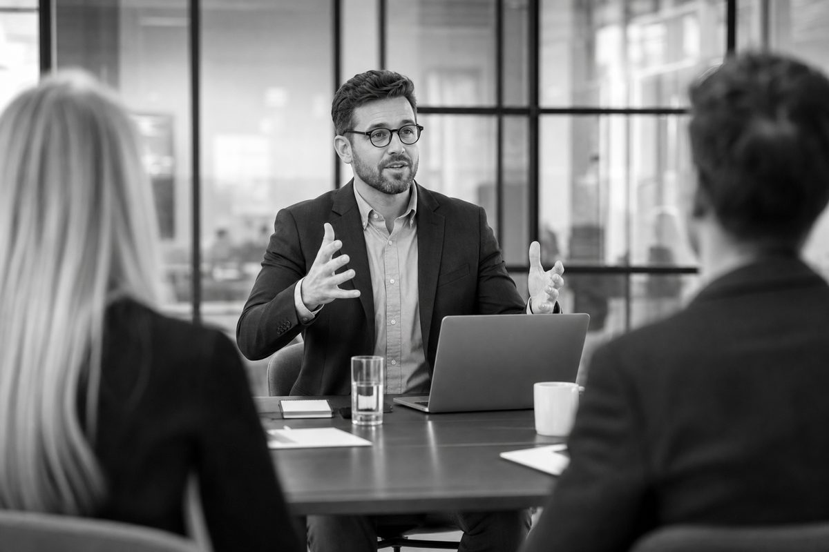 Manager leading a workplace meeting around a modern office table