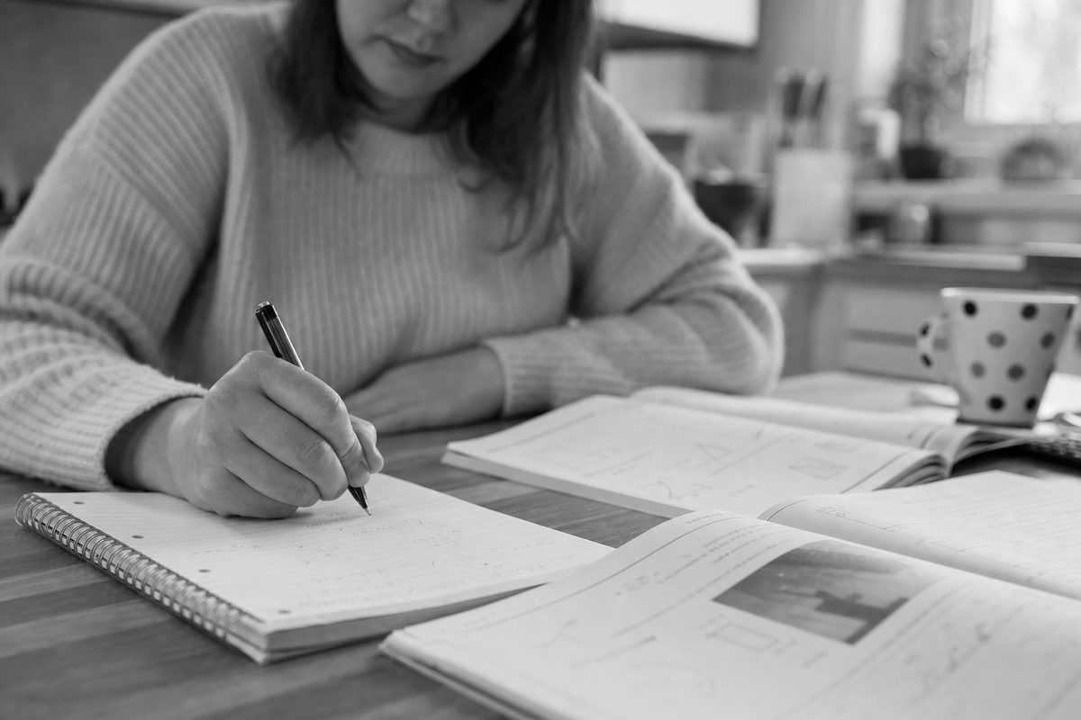 Adult learner writing GCSE maths revision notes at a kitchen table