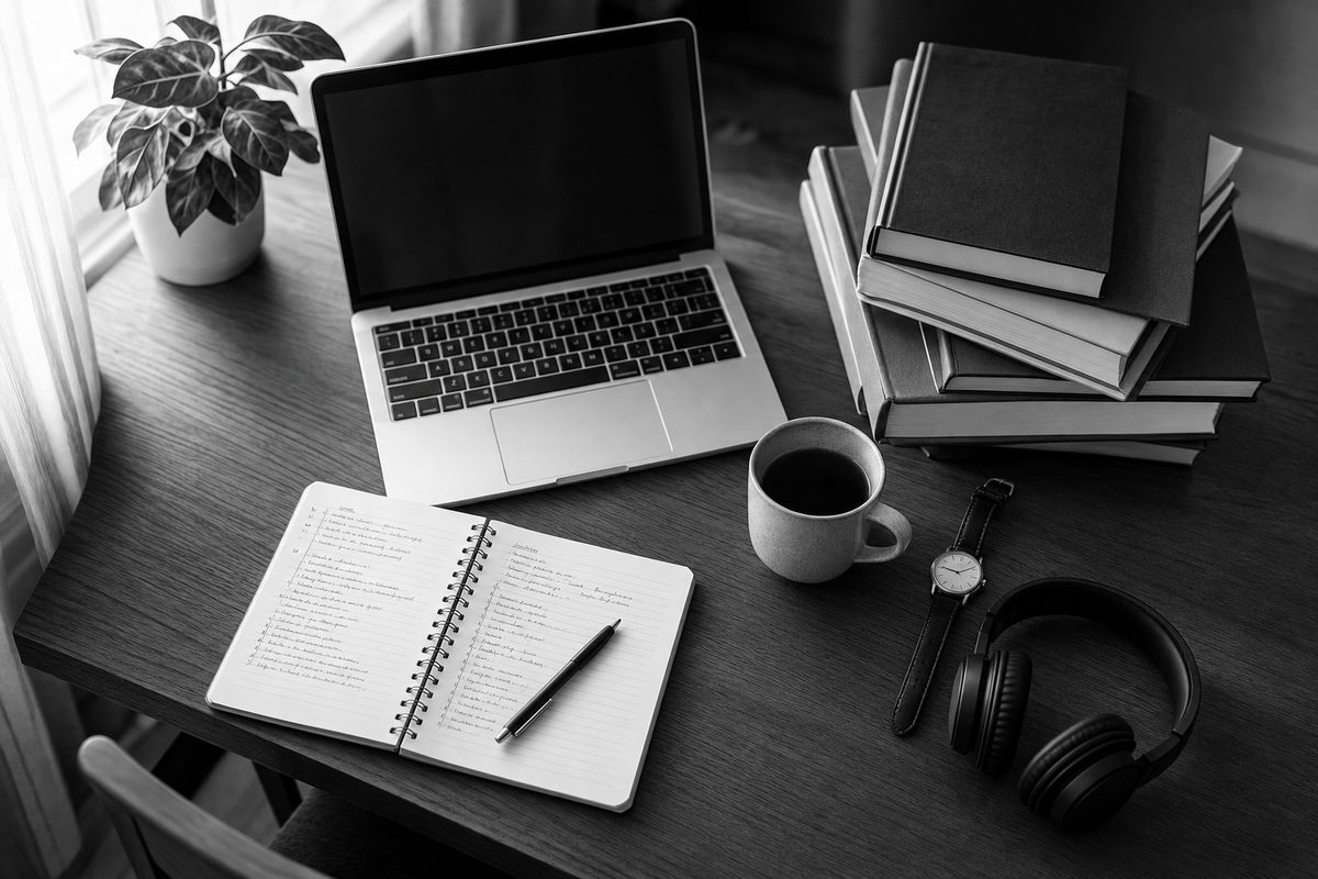 A tidy adult home-study desk seen from above with laptop, books, plan and mug