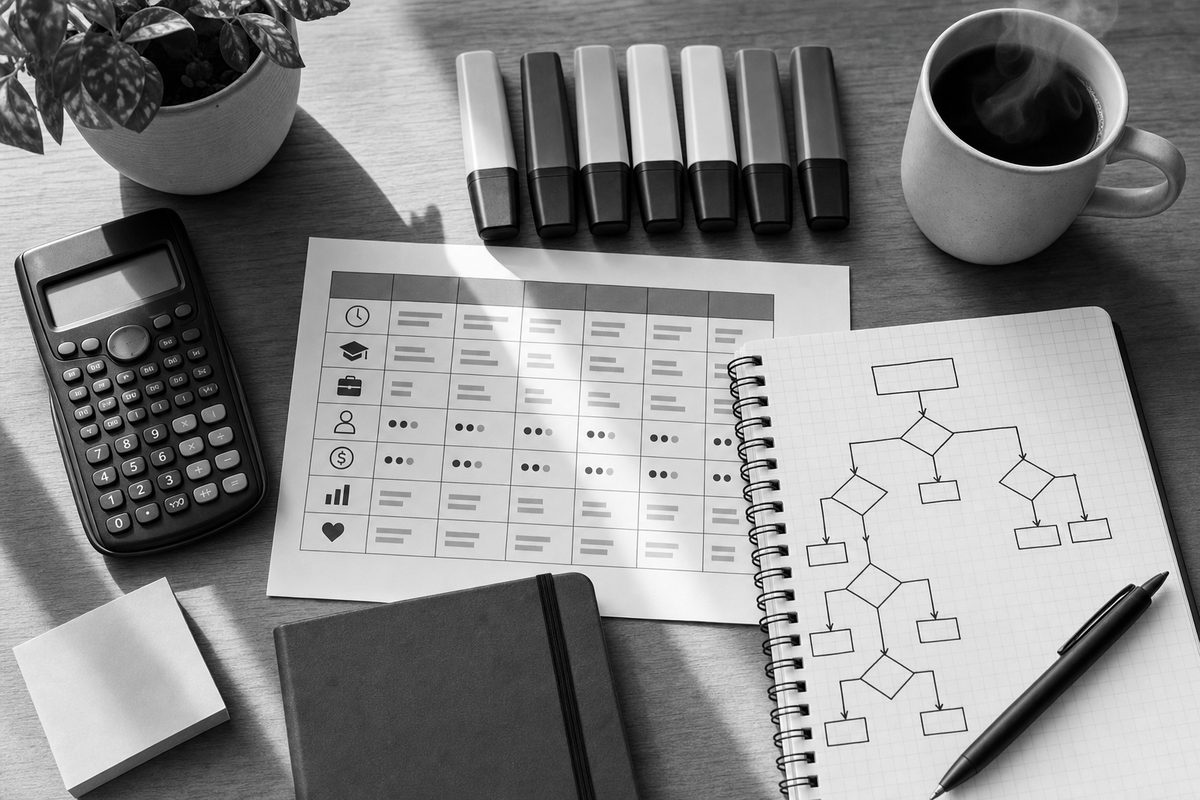 A flat-lay of practical study planning tools — calculator, highlighters, comparison chart and notebook