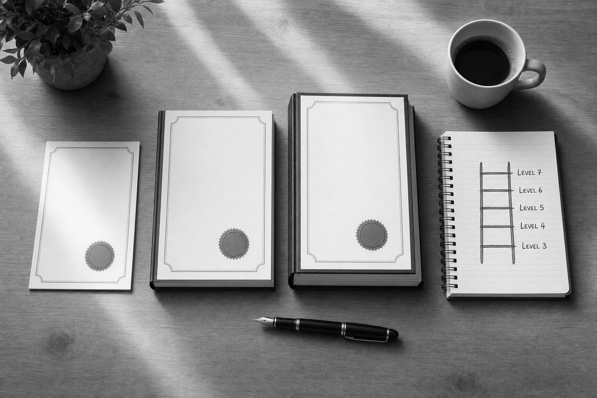 Three certificates of increasing size beside a Level 3 to 7 progression ladder sketch