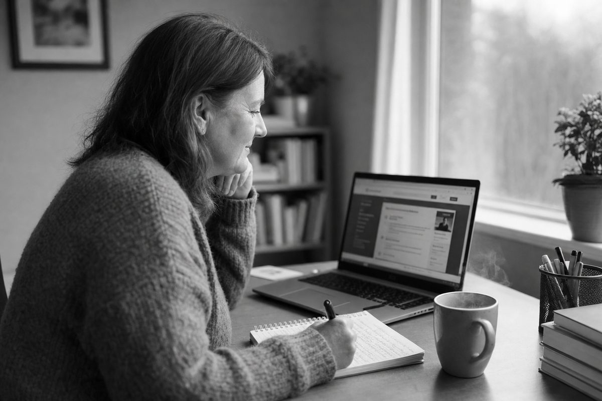 Adult learner sitting at a home study desk with laptop and fresh notebook